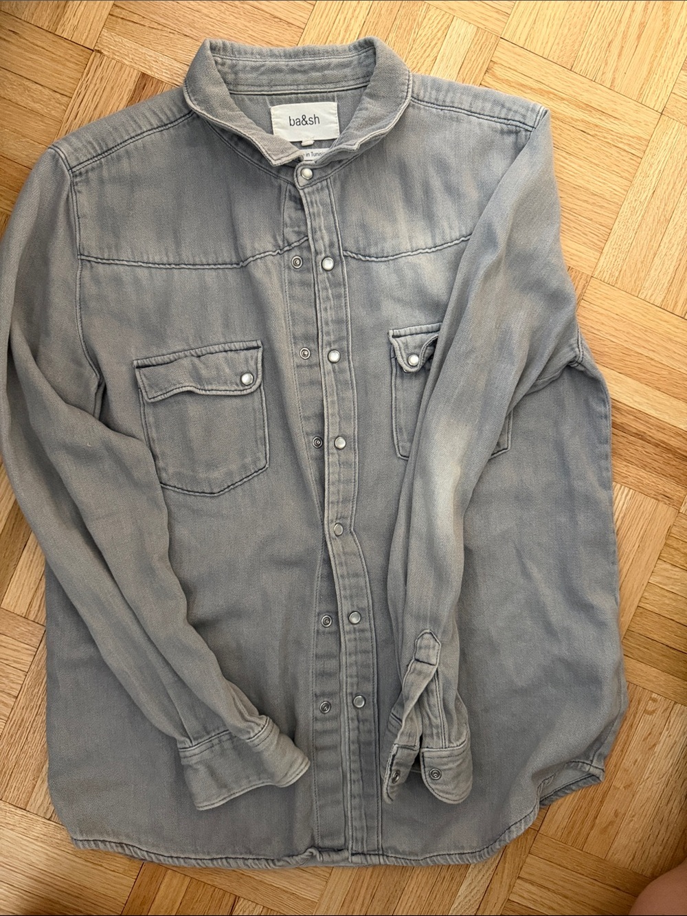 ba&sh Washed Gray Denim Snap-Front Shirt